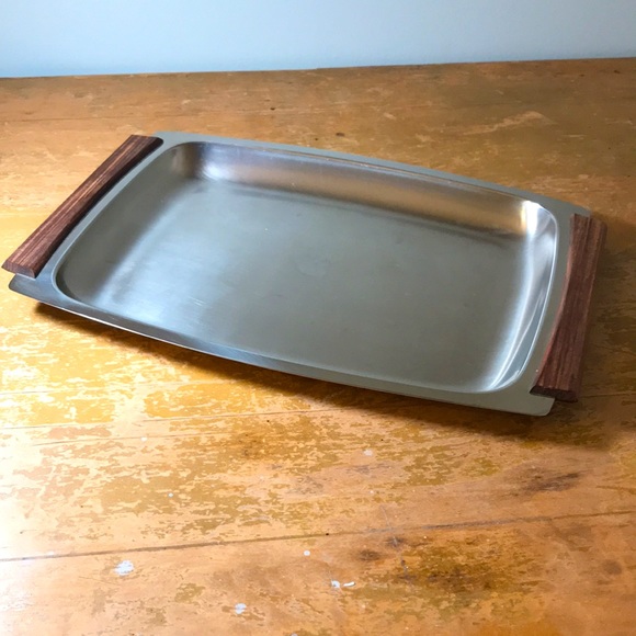 Mid Century Modern Stainless Steel & Wood Tray
